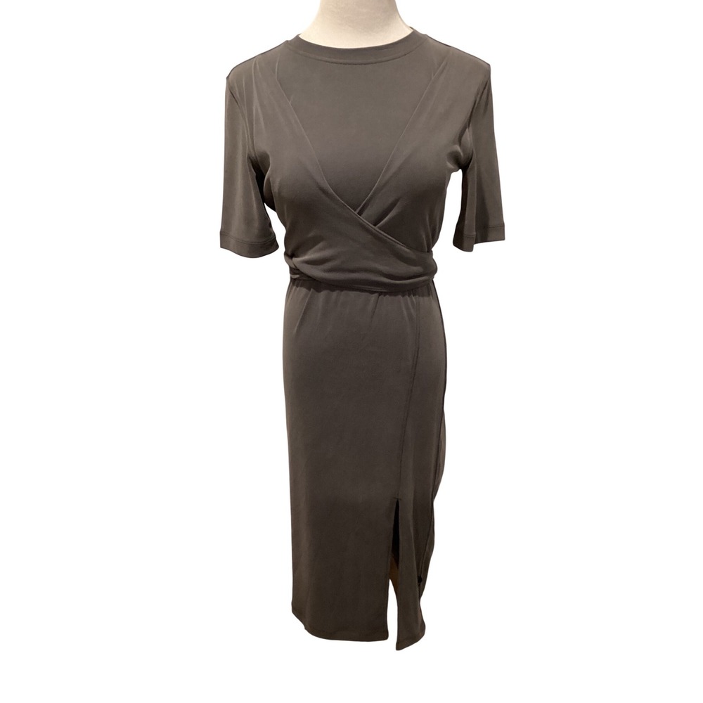 Lululemon Ribbed Wrap Front Tie Back Midi Dress Charcoal Grey Short Sleeve